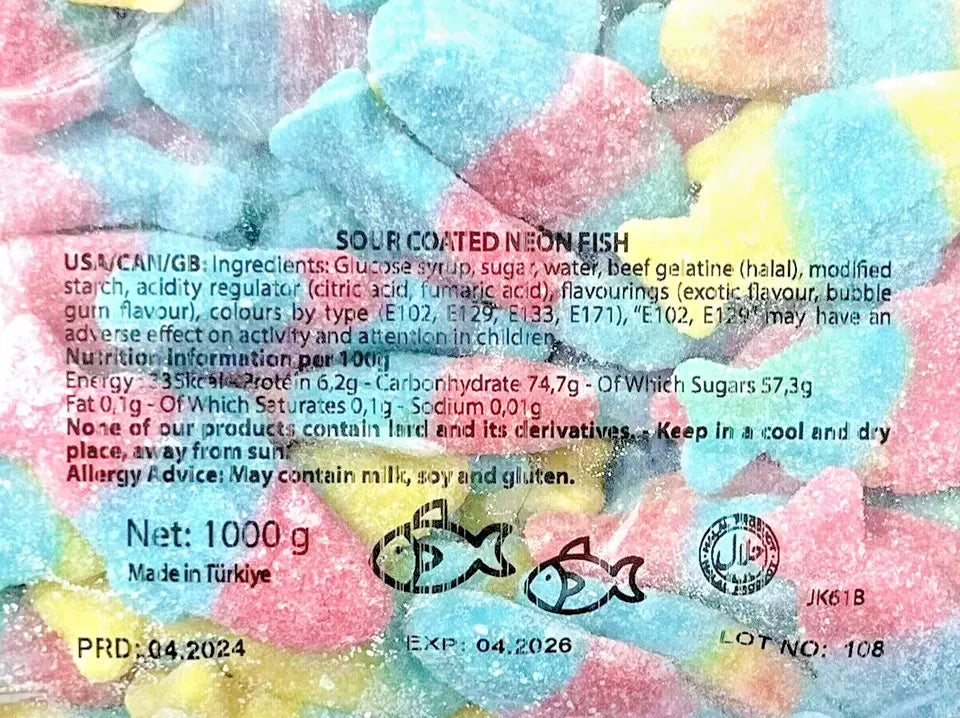 1kg Halal Fizzy Sour Jelly Neon Fish | Aladdins Sweets