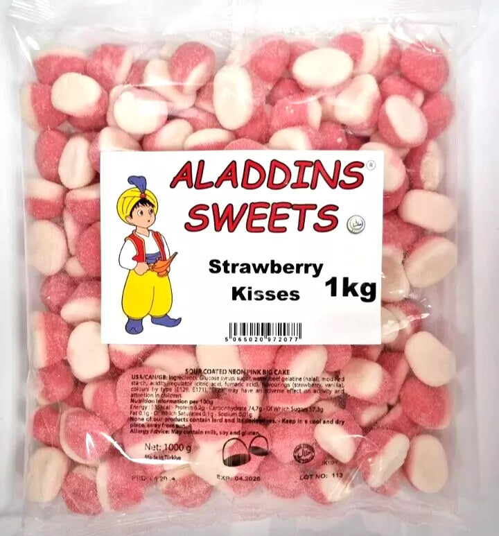 1kg Halal Fizzy Sour Jelly Pink Strawberry Kisses | Aladdins Sweets