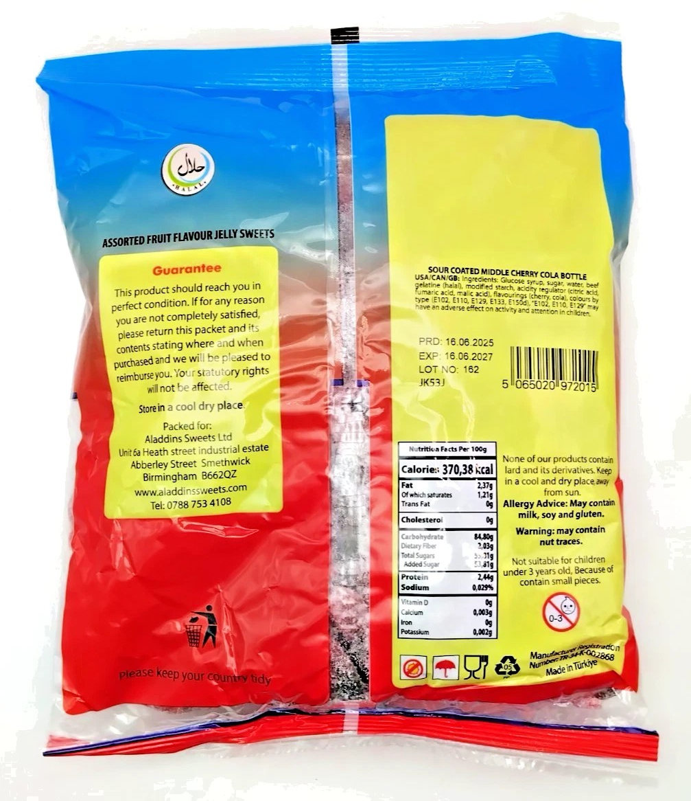 1kg Halal Fizzy Sour Cherry Cola Bottles Jelly Aladdin Sweets