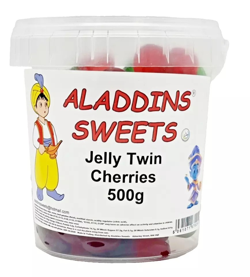 500g Twin Cherries Jellies - Halal Jelly - Aladdins Sweets Tubs