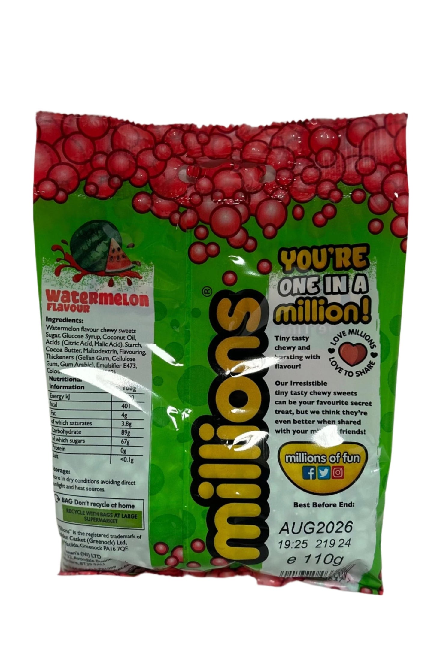 PACK OF 12 HALAL MILLION TINY TASTY SWEETS WATERMELON FLAVOUR