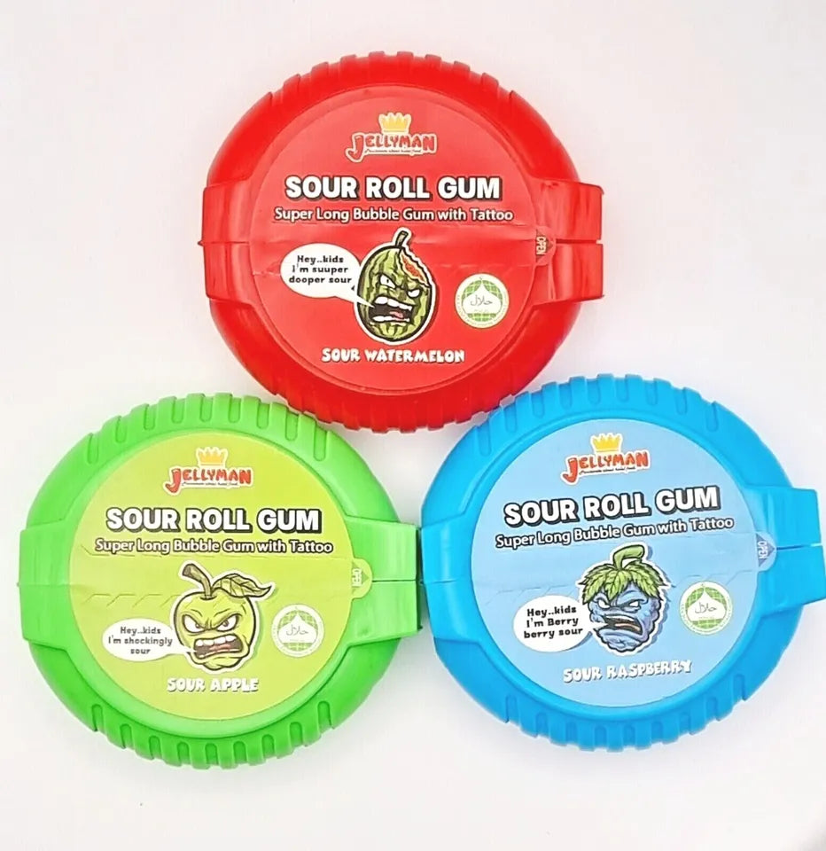 Pack of 36 SOUR Mega Roll Bubble Gum tape with Tattoos Jellyman