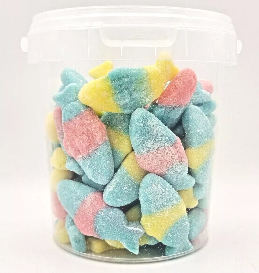 500g Sour Neon Fish Jellies, Halal Aladdins Sweets Tub