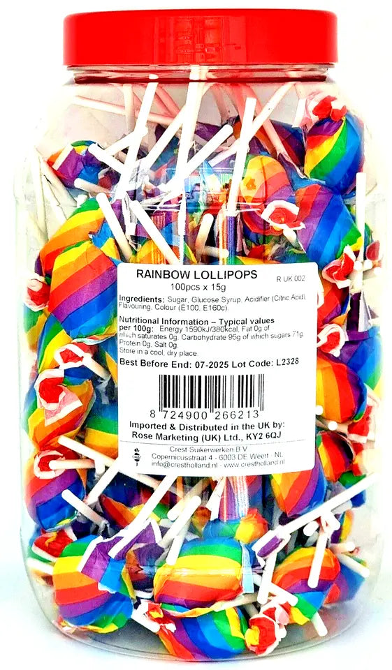 Pack of 100 Sweet Rainbow Lollipops Halal, Vegan Candy