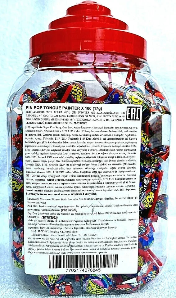 PACK OF 100 HALAL PIN POP TONGUE PAINTER LOLLIPOPS BUBBLEGUM FILLED