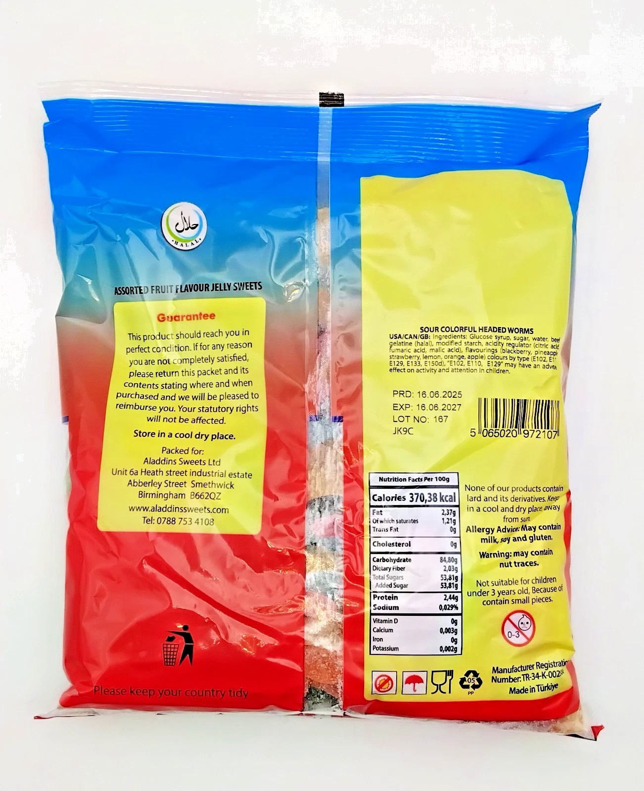1kg Sour Big Worms Halal Jellies Aladdins Sweets Jelly Bag