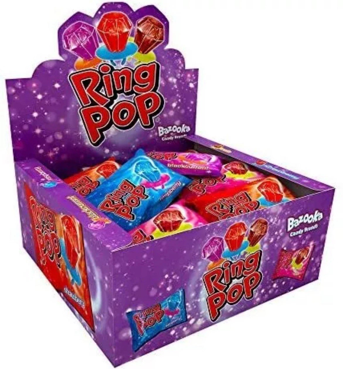 24 x 10g Bazooka Ring Pop - Hard Candy Rings - 10g Retro Diamond Lollipops - Assorted Flavours