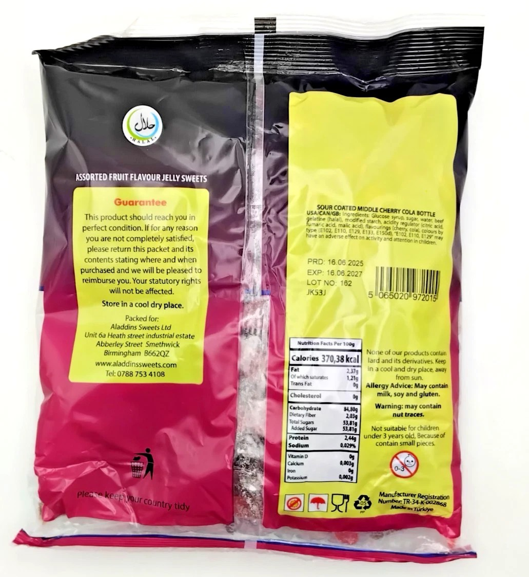 1kg Halal Fizzy Sour Cherry Cola Bottles Jelly Aladdin Sweets