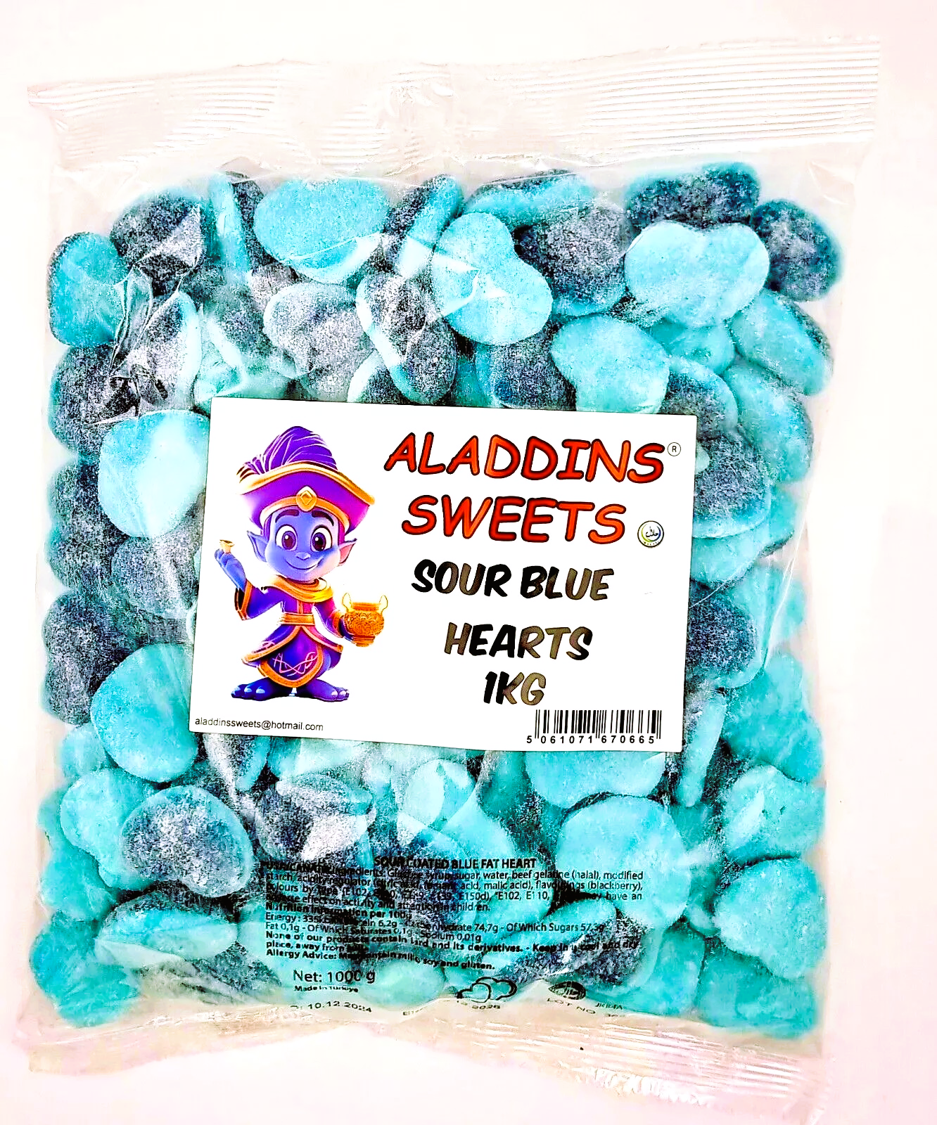 1kg Halal Fizzy Sour Blue Jelly Hearts - Aladdin Sweets Bags