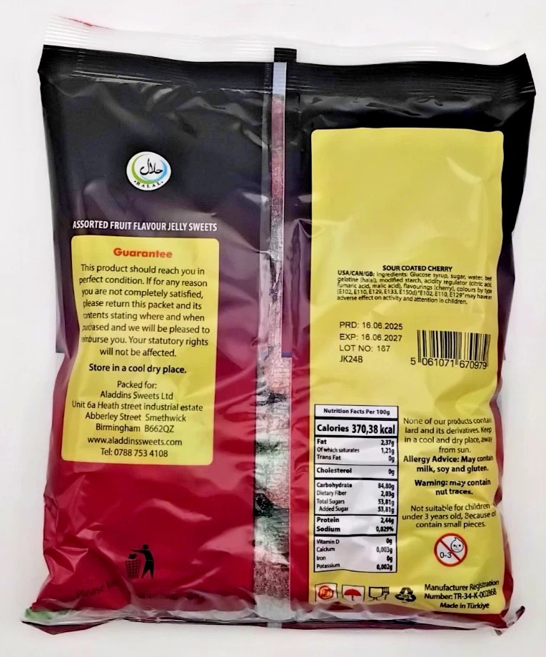 1kg Sour Twin Cherries Halal Jellies Aladdins Sweets Jelly Bag