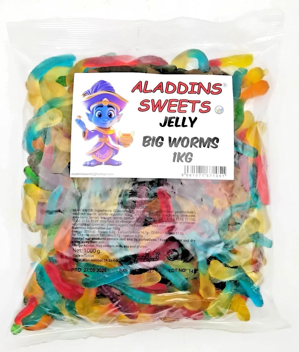 1kg Jelly Big Worms - Halal Jellies - Aladdins Sweets Bags