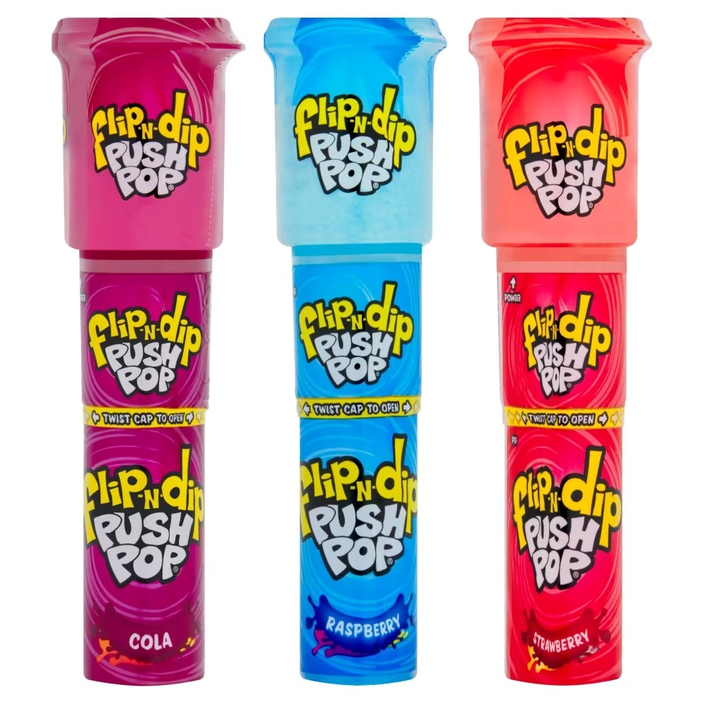 12 x 25g Flip n Dip Push Pops - Lollipops - Cola, Strawberry & Raspberry Flavour Sherbet