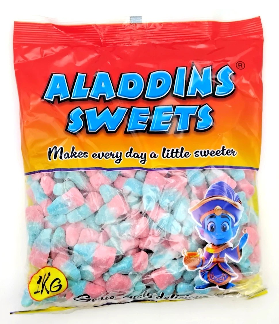 1kg Fizzy Sour Jelly Pink Blue Bubblegum Bottles Halal Aladdins Sweets