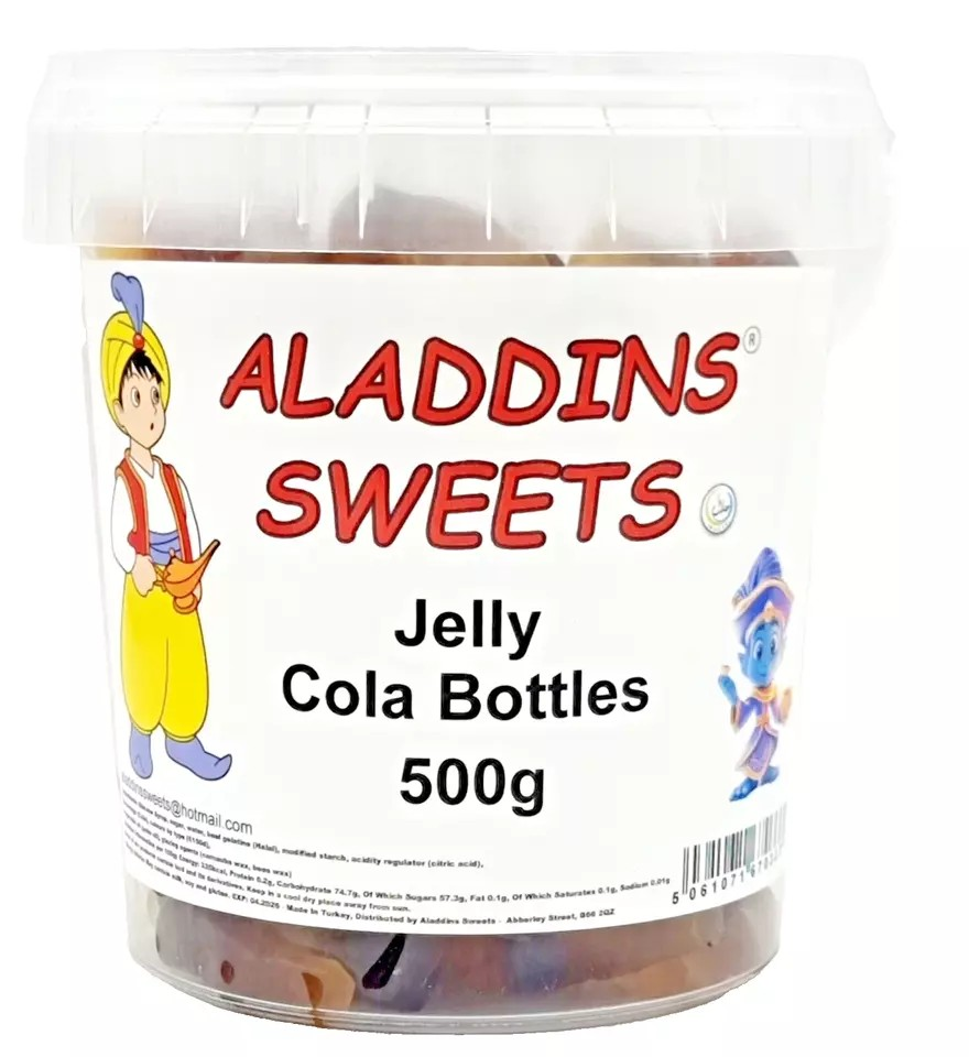 500g Cola Bottles Jellies, Halal Aladdins Sweets Jelly Tub