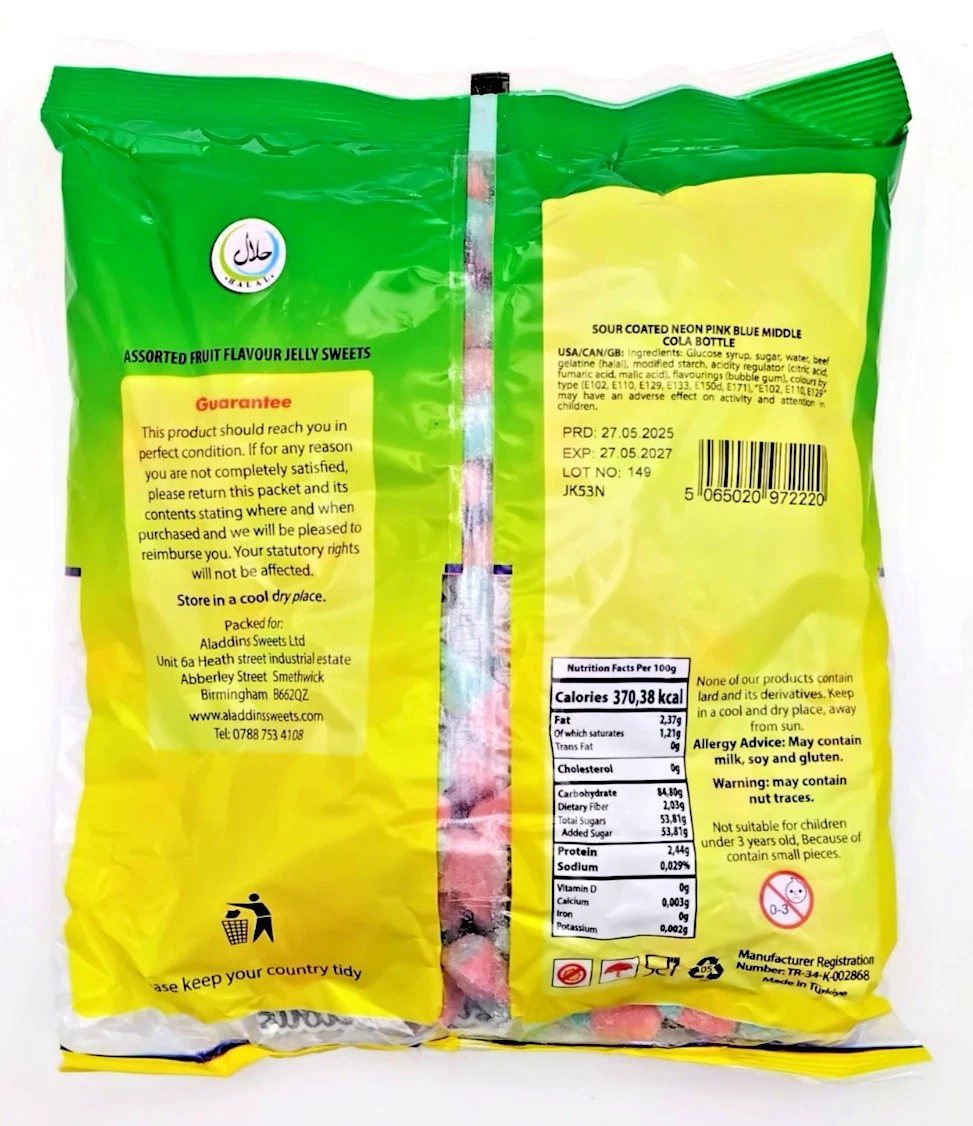 1kg Fizzy Sour Jelly Pink Blue Bubblegum Bottles Halal Aladdins Sweets
