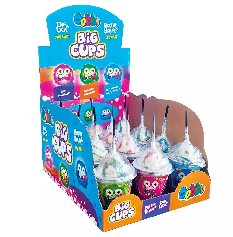 Bobbo Big Cups Dip n Lick Sour Candy sugar powder with Lollipops dipper