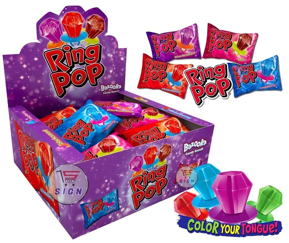24 x 10g Bazooka Ring Pop - Hard Candy Rings - 10g Retro Diamond Lollipops - Assorted Flavours
