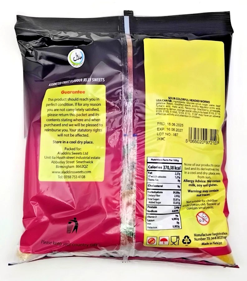 1kg Sour Big Worms Halal Jellies Aladdins Sweets Jelly Bag