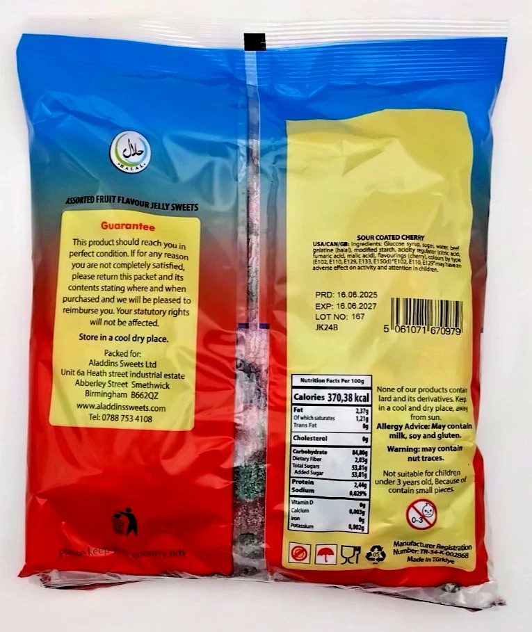 1kg Sour Twin Cherries Halal Jellies Aladdins Sweets Jelly Bag