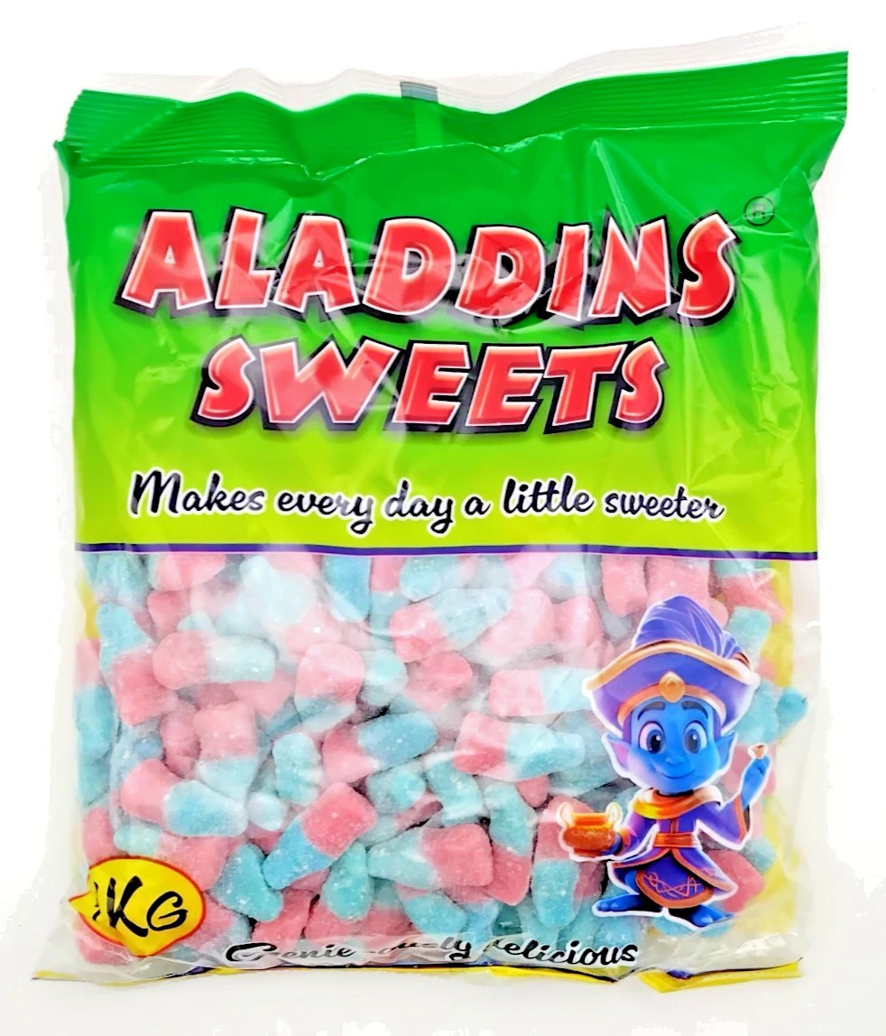 1kg Fizzy Sour Jelly Pink Blue Bubblegum Bottles Halal Aladdins Sweets