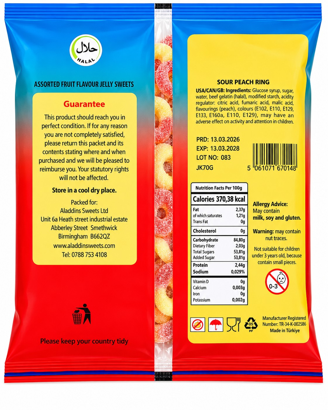 1kg Sour Peach Rings Aladdins Sweets Halal Jelly Bulk Buy party