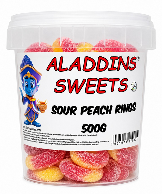 500g Sour Peach Rings Jellies, Halal Aladdins Sweets Tub