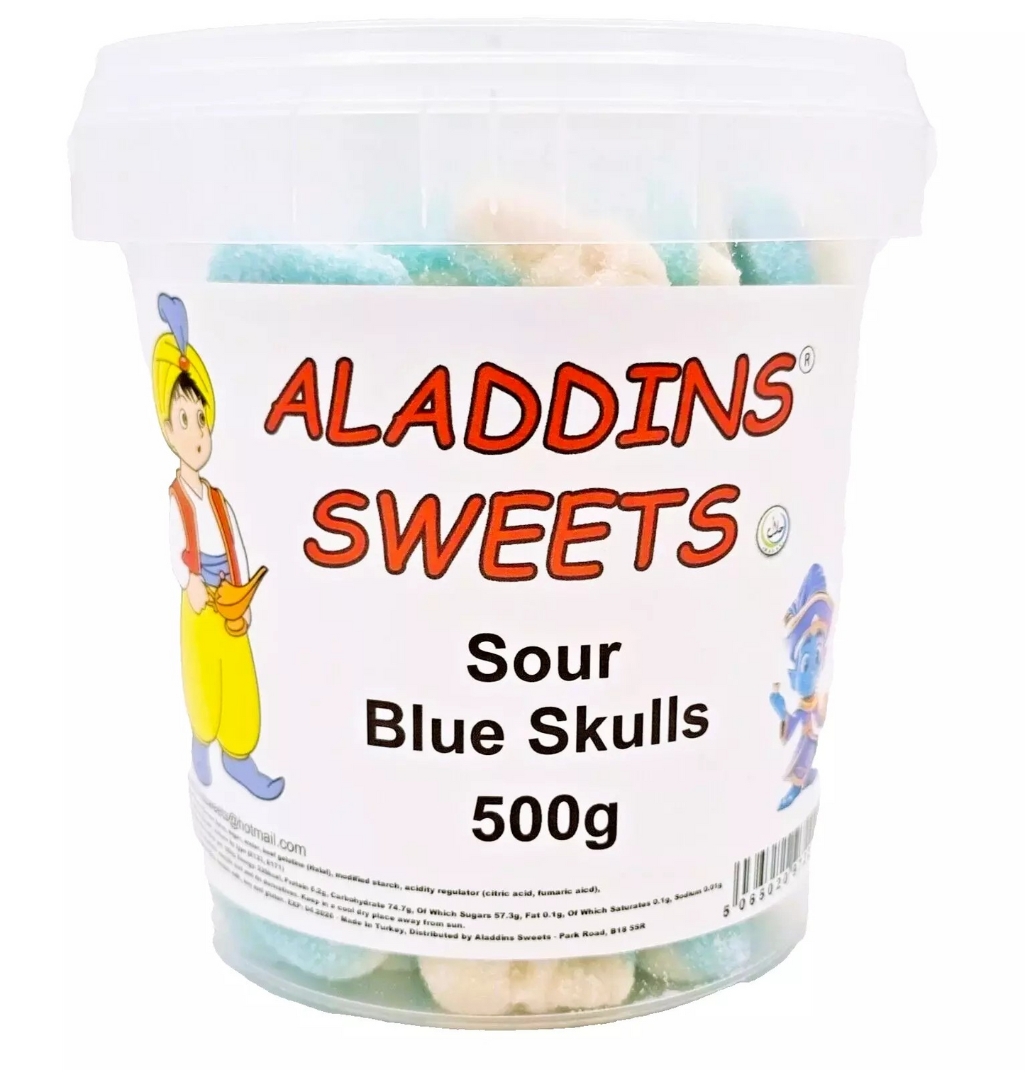 500g Sour Blue Skulls Jellies, Halal Aladdins Sweets Tub