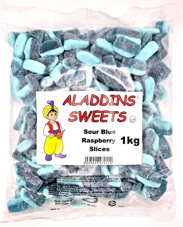 1kg Halal Fizzy Sour Jelly Blue Raspberry Slices Aladdins Sweets