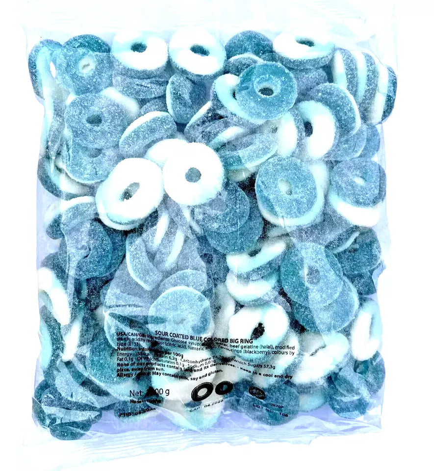 1kg Halal Fizzy Sour Jelly Blue Rings - Aladdins Sweets