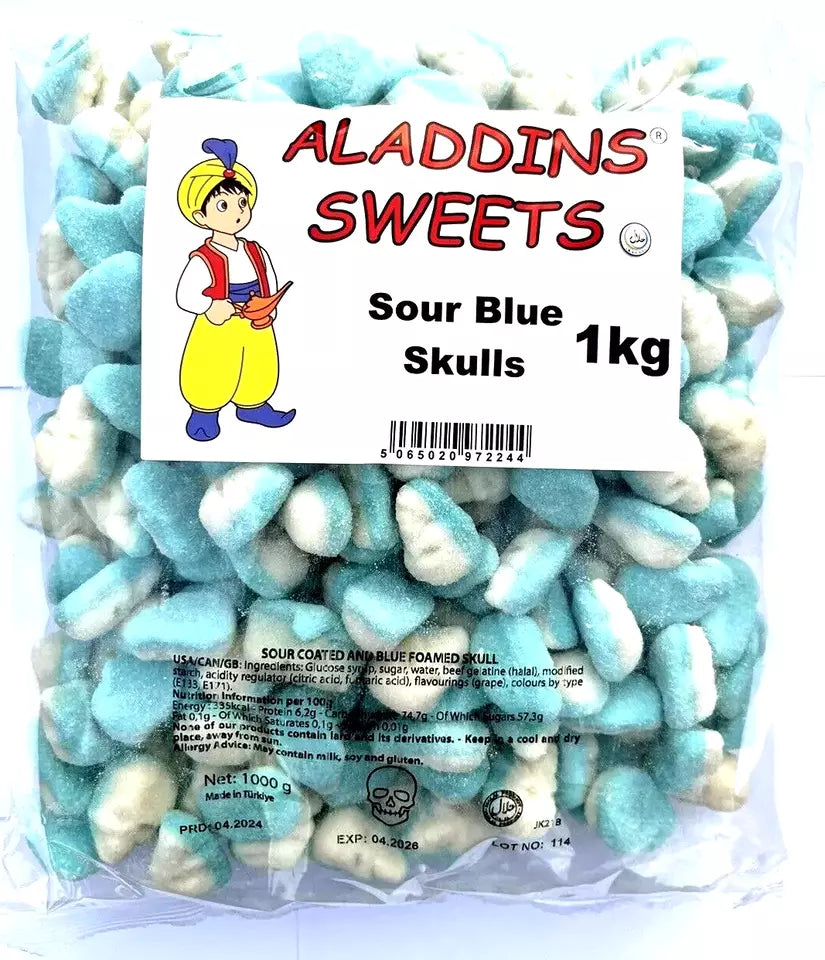 1kg Halal Fizzy Sour Jelly Blue Skulls Aladdins Sweets