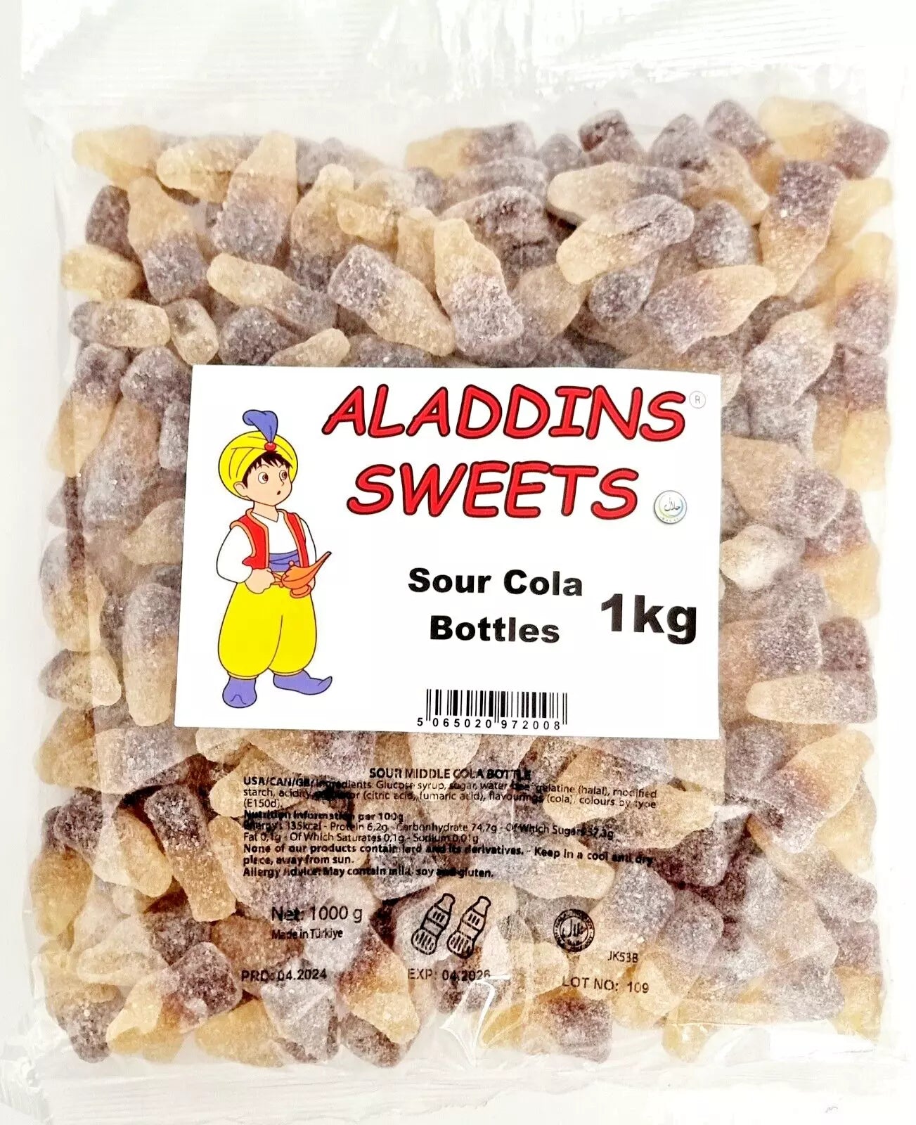 1kg Halal Fizzy Sour Jelly Cola bottles Aladdins Sweets