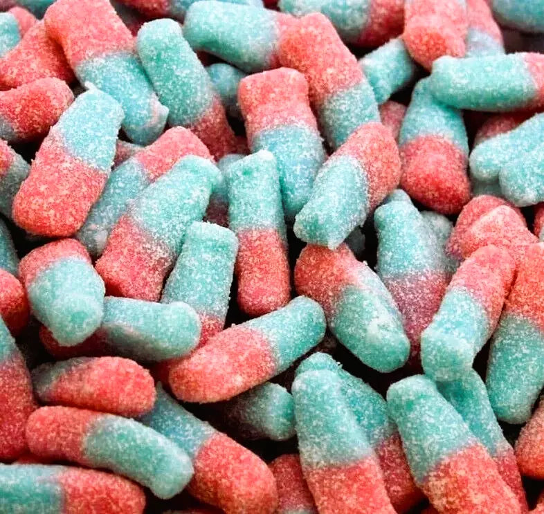 1kg Fizzy Sour Jelly Pink Blue Bubblegum Bottles Halal Aladdins Sweets