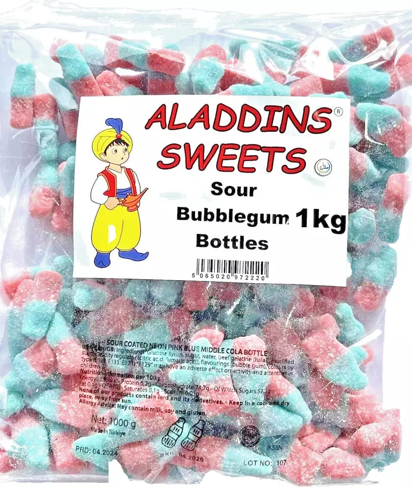 1kg Fizzy Sour Jelly Pink Blue Bubblegum Bottles Halal Aladdins Sweets