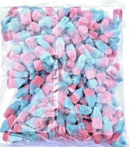 1kg Fizzy Sour Jelly Pink Blue Bubblegum Bottles Halal Aladdins Sweets