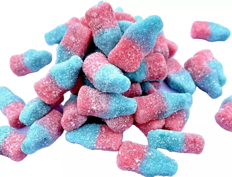 1kg Fizzy Sour Jelly Pink Blue Bubblegum Bottles Halal Aladdins Sweets