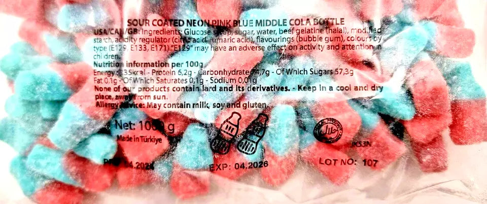 1kg Fizzy Sour Jelly Pink Blue Bubblegum Bottles Halal Aladdins Sweets