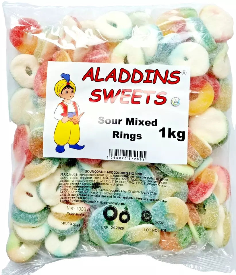 1kg Halal Fizzy Sour Jelly Mixed Rings -Aladdins Sweets