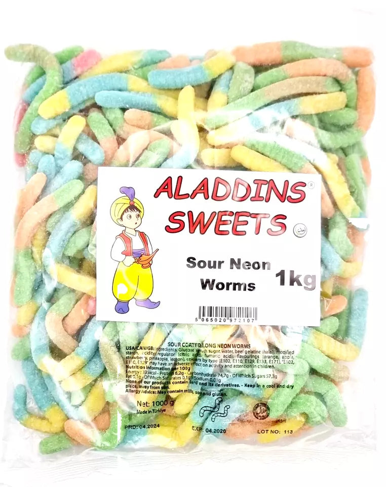 1kg Fizzy Sour Neon Jelly Worms - Halal - Aladdins Sweets