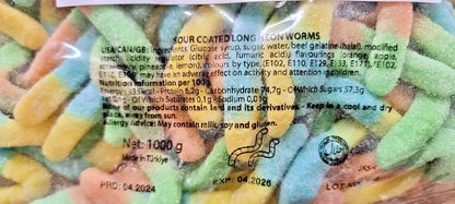 1kg Fizzy Sour Neon Jelly Worms - Halal - Aladdins Sweets