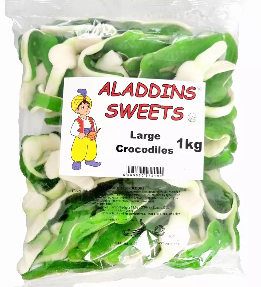 1kg Large Jelly & Foam Green Crocodiles Halal Aladdins Sweets