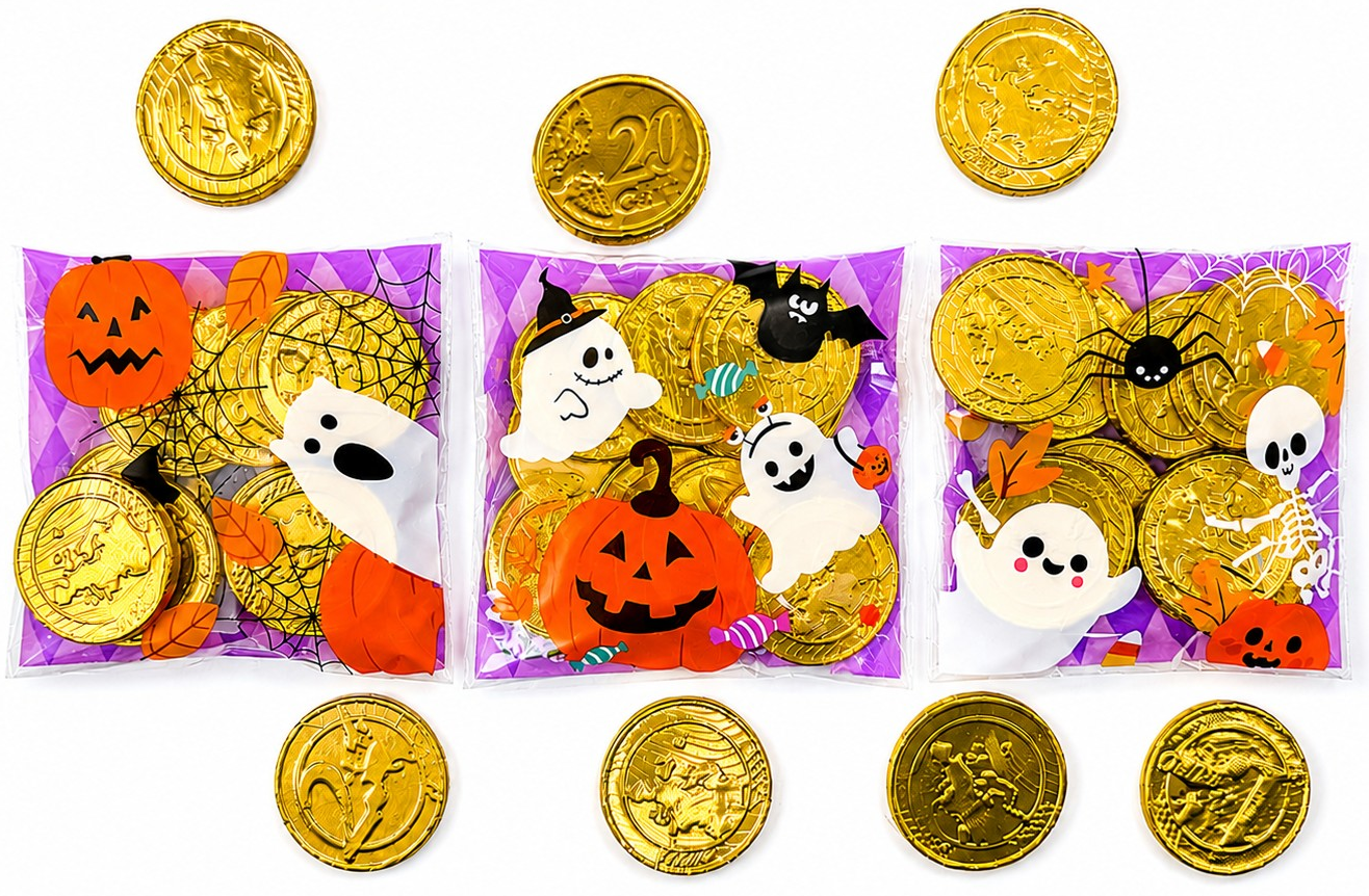 Halloween Pre-Filled Sweets - Large Milk Chocolate Coins 55g Bags - Spooky Trick or Treat - Party Bag Gifts