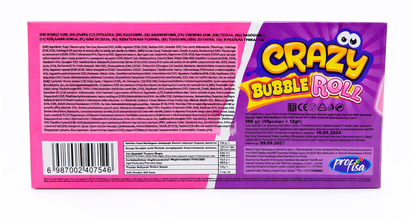 12 x 30g Bubble Gum Roll with Tattoo - Crazy 2 in 1 - Blackcurrant & Raspberry Party Bags