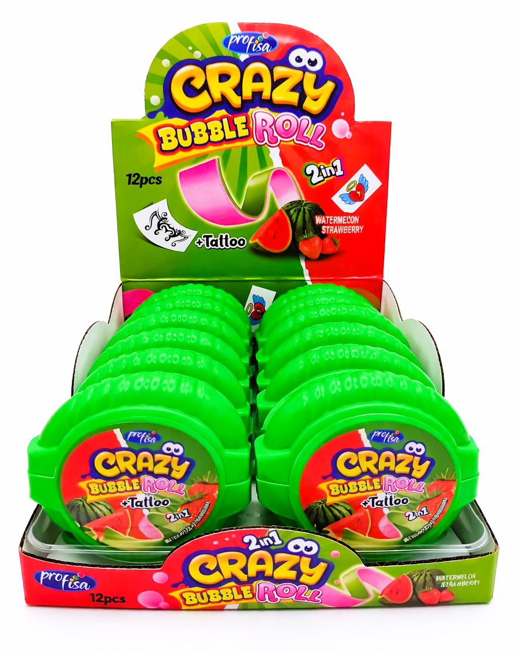 12 x 30g Bubble Gum Roll with Tattoo - Crazy 2 in 1 - Watermelon & Strawberry Party Bags