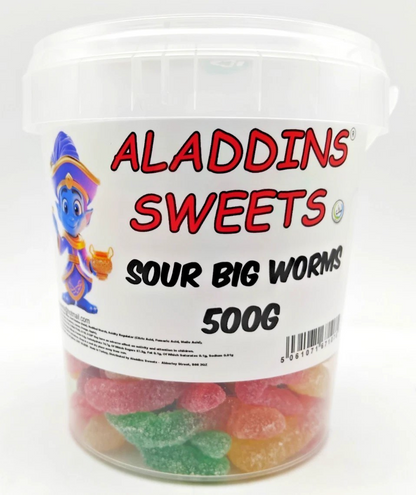 500g Sour Big Worms Jellies, Halal Aladdins Sweets Jelly Tub