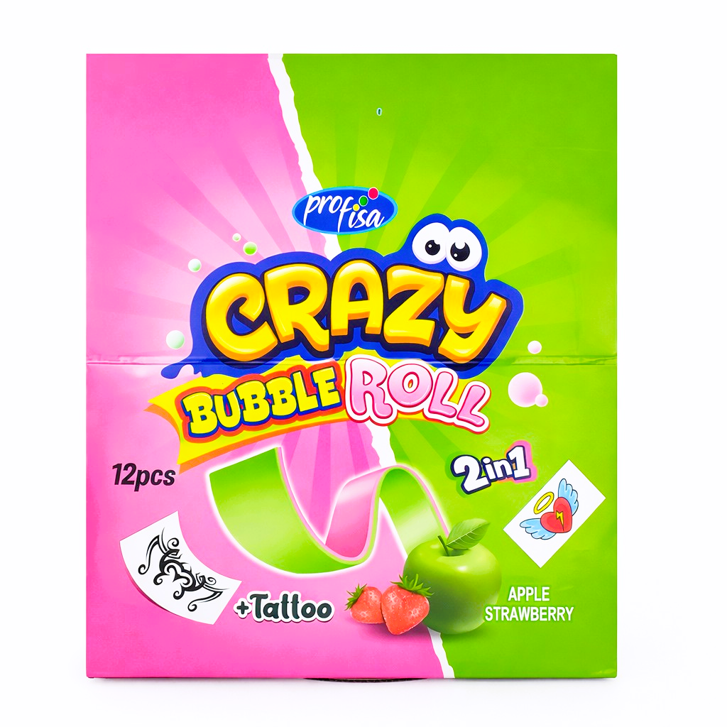 12 x 30g Bubble Gum Roll with Tattoo - Crazy 2 in 1 - Apple & Strawberry Party Bags