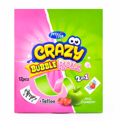 12 x 30g Bubble Gum Roll with Tattoo - Crazy 2 in 1 - Apple & Strawberry Party Bags