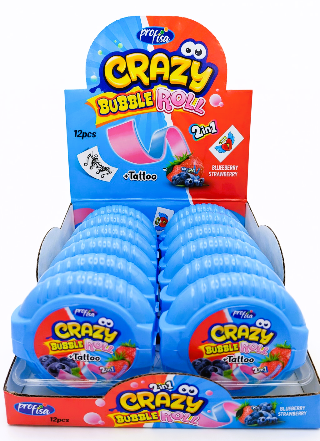 12 x 30g Bubble Gum Roll with Tattoo - Crazy 2 in 1 - Blueberry & Strawberry Party Bags