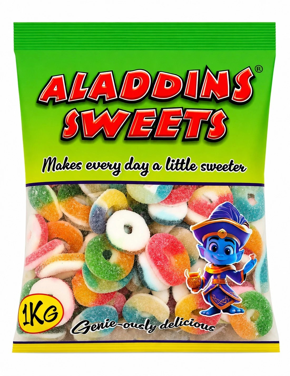 1kg Halal Fizzy Sour Jelly Mixed Rings -Aladdins Sweets Jellies - Bulk Buy