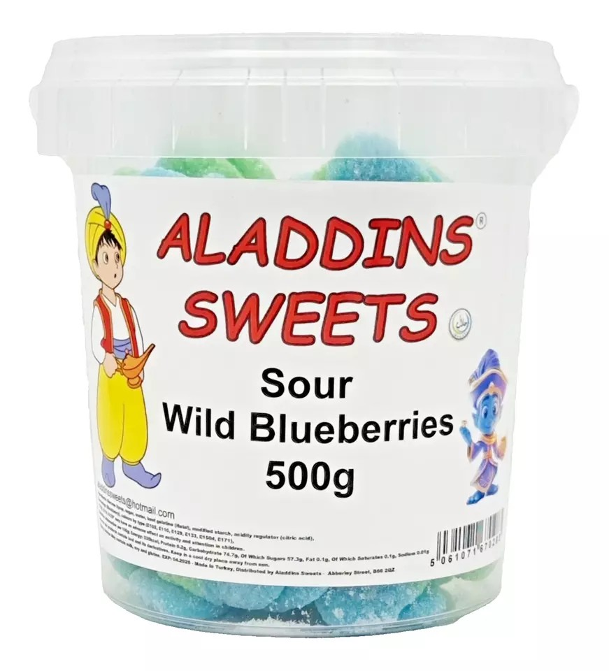 500g Sour Blueberries Jellies, Halal Aladdins Sweets Tub