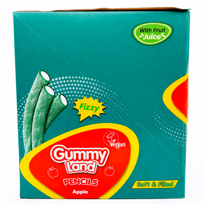 Pack of 12 x 150g Gummy Land Fizzy Apple Pencils - Halal - Vegan